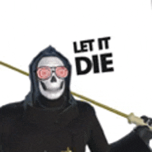 a grim reaper wearing sunglasses and a hood is holding a scythe .