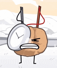 a cartoon drawing of a potato with a clock on its head