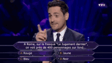 a man in a suit and tie is on a purple screen with a question that says " a rome sur la fresque "