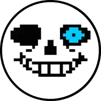 a pixel art drawing of a skeleton 's face with blue eyes and teeth in a circle .