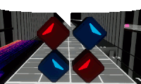 red and blue cubes are stacked on top of each other on a track