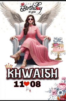 a woman in a pink dress is sitting in a chair with wings and the words happy birthday to you khwaish 11 08