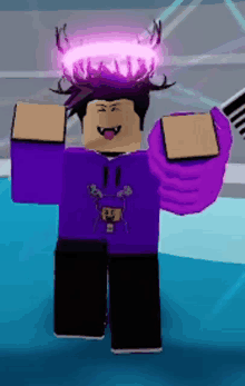 a roblox character wearing a purple shirt and purple gloves with a purple halo on his head .