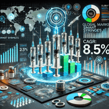 an illustration of smart syringes surrounded by graphs and a map of the world