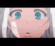 a close up of a anime girl 's face with blue eyes and the word toyona written in yellow .