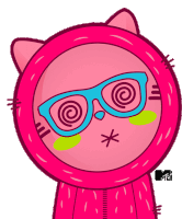 a pink cartoon character with glasses and a mtv logo