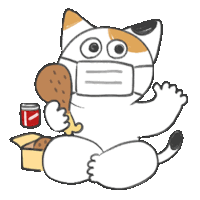 a cat wearing a mask is holding a chicken leg and a jar of ketchup .