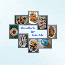 a cookbook by fahmida is displayed in a collage