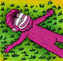 a cartoon of a monkey laying in the grass with his eyes closed