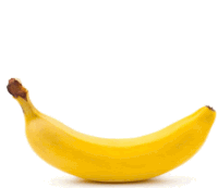 a yellow banana with a brown stem on a white surface