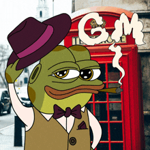 a cartoon frog smoking a cigar in front of a telephone booth that says gm on it