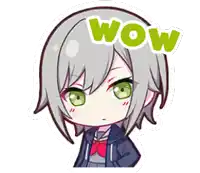 a cartoon of a girl with gray hair and green eyes with the word wow above her head .