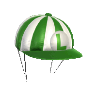 a green and white striped hat with the letter l on the front