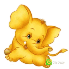 a yellow cartoon elephant with green eyes is sitting down