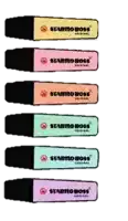 six different colored stabilo boss markers are lined up on a white background