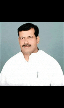 a man with a mustache and a white shirt is standing in front of a blue background .