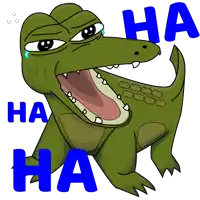 a cartoon drawing of a crocodile laughing with the words " ha " above it