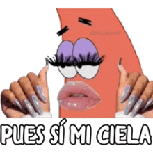 a sticker of a cartoon character with long nails and purple eyes