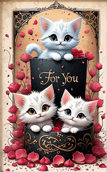 three kittens are sitting on top of a book that says " for you "