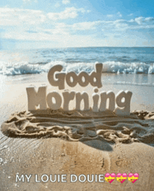 a picture of a beach with the words " good morning " written in the sand