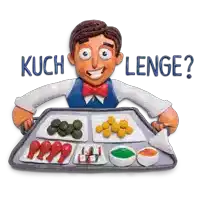 a cartoon of a man holding a tray of food and the words kuch lenge