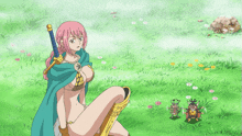 a naked woman in a blue cape is sitting in a field