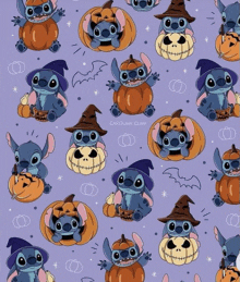 a pattern of stitch wearing a witch hat and holding pumpkins