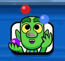 a green cartoon character is juggling three balls on a blue surface .