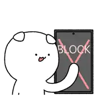 a white cartoon character is holding a sign that says block