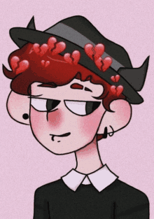 a drawing of a boy wearing a hat with broken hearts on his head