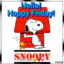 a cartoon of snoopy and woodstock saying happy friday