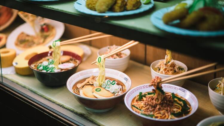 Replica bowls of noodles in the Looks Delicious! exhibition