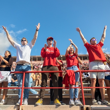 People cheering in the stands wearing Cornell merch.