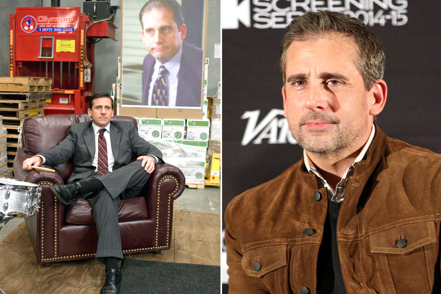 This image may contain Steve Carell Human Person Coat Clothing Apparel Jacket Furniture Footwear Shoe and Tie