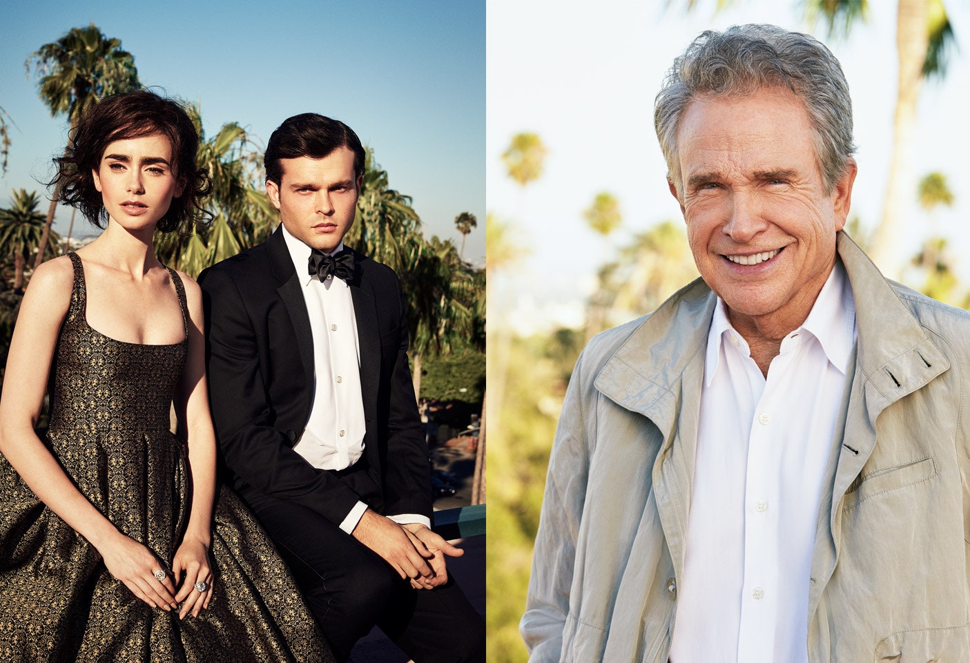 Image may contain Warren Beatty Lily Collins Alden Ehrenreich Human Person Clothing Apparel Tie and Accessories