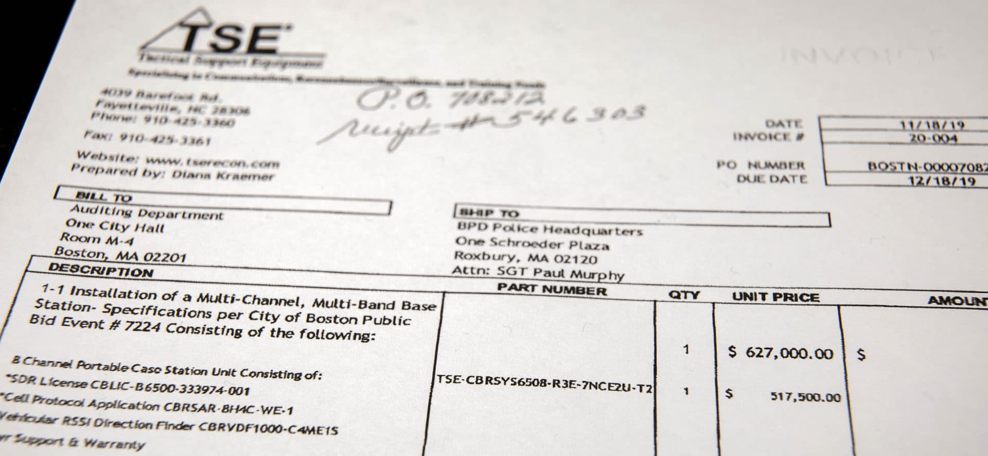 In an invoice from Tactical Support Equipment, Boston police was billed for the purchase of a cell site simulator. (Robin Lubbock/WBUR)