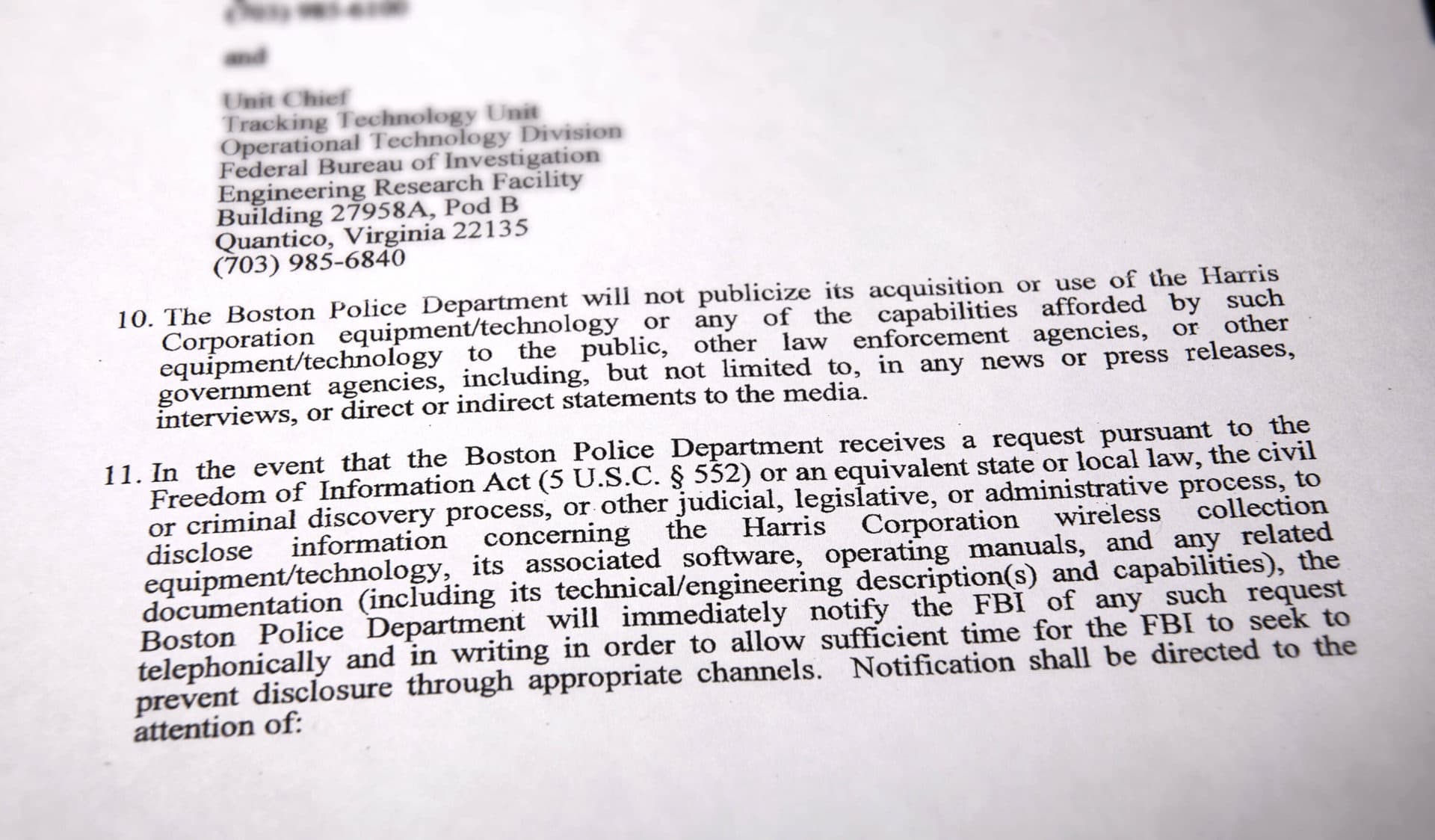 In unclassified documents obtained by MuckRock.com, the FBI in 2013 prohibits Boston police from communicating to the public, especially members of the media, about cell site simulator technology. (Robin Lubbock/WBUR)