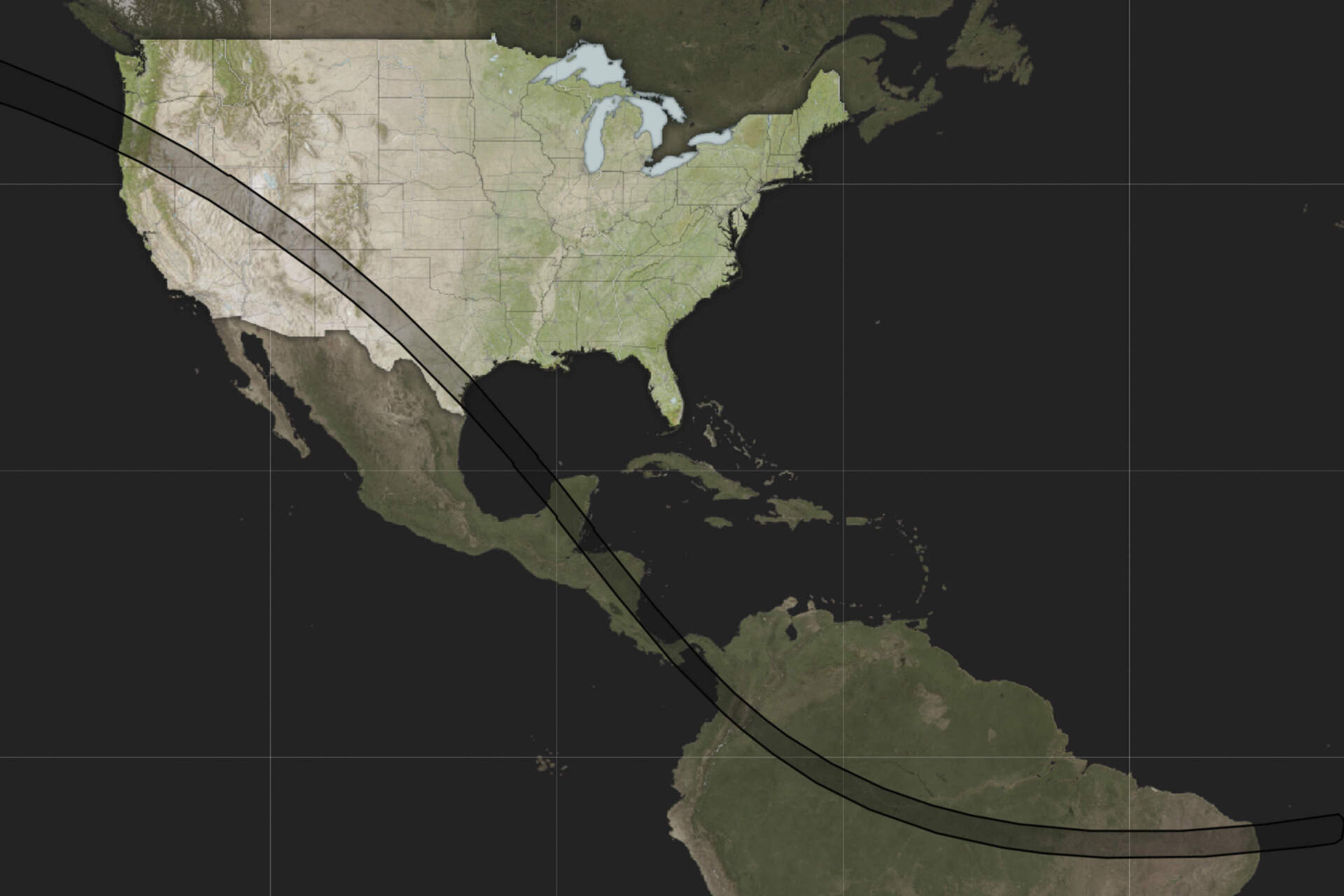 This map provided by NASA shows where the Saturday, Oct. 14, 2023 annular solar eclipse will cross North, Central, and South America. As the moon lines up precisely between Earth and the sun, it will blot out all but the sun's outer rim. A bright, blazing border will appear around the moon for as much as five minutes along a narrow path stretching from Oregon to Brazil.(NASA via AP)