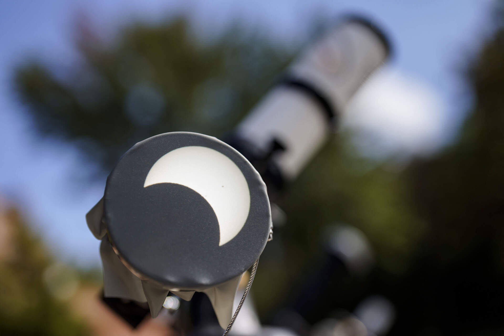 A partial solar eclipse is seen on a telescope, Saturday, Oct. 14, 2023, in Marietta, Ga. What's called an annular solar eclipse — better known as a ring of fire — will briefly dim the skies over parts of the western U.S. and Central and South America. (Mike Stewart/AP)