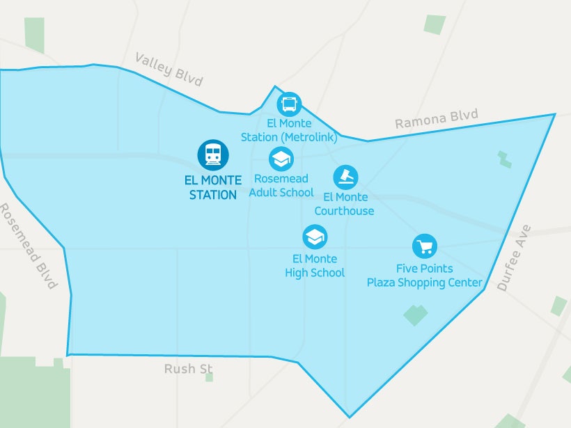 map in rideshare app showing El Monte Station area