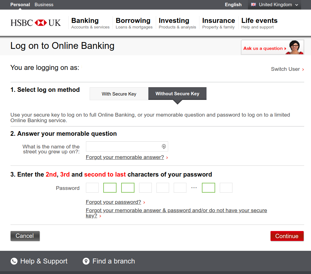 HSBC bank password manager resistant login