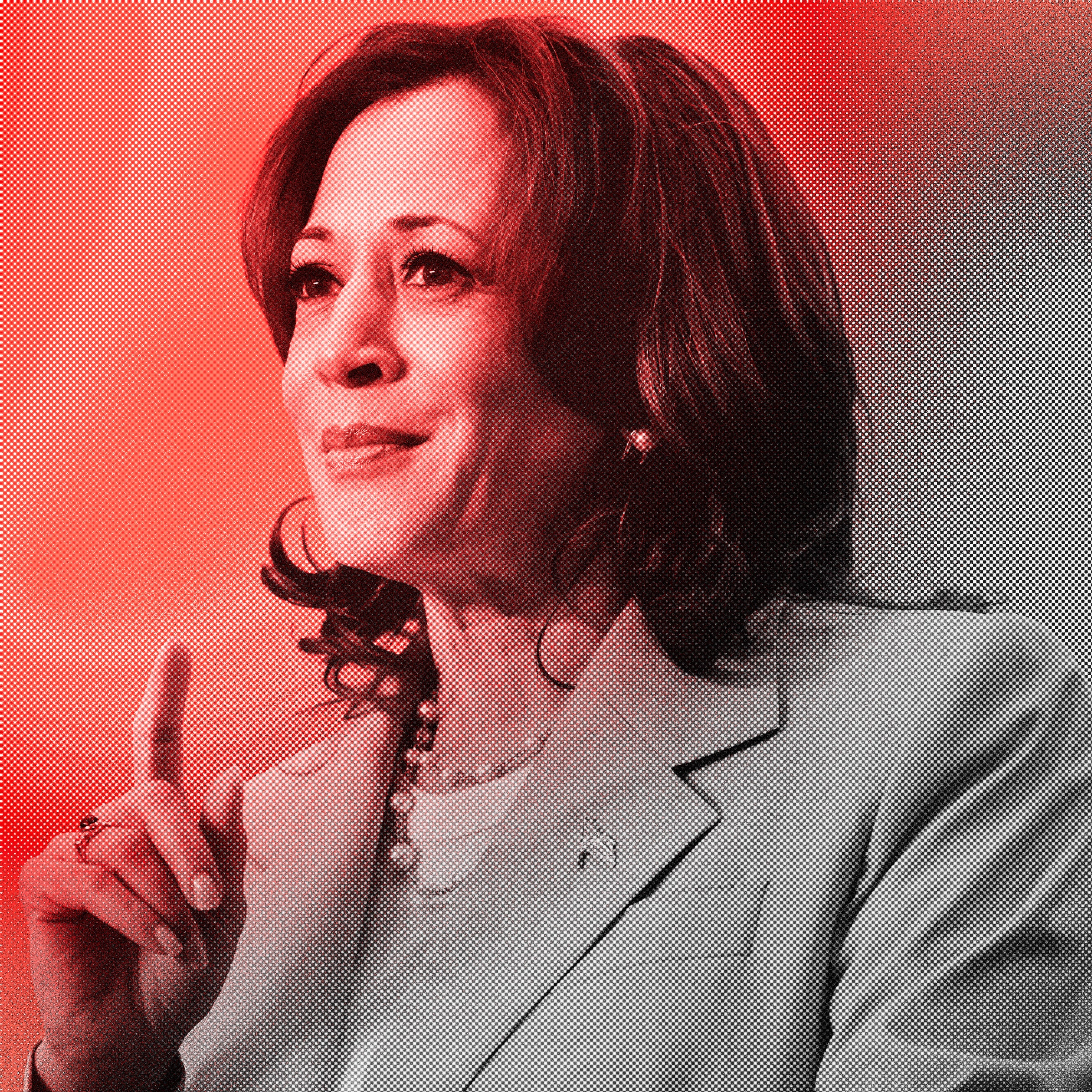 A photoillustration of Vice President Kamala Harris with a red and grayscale texture overlay.