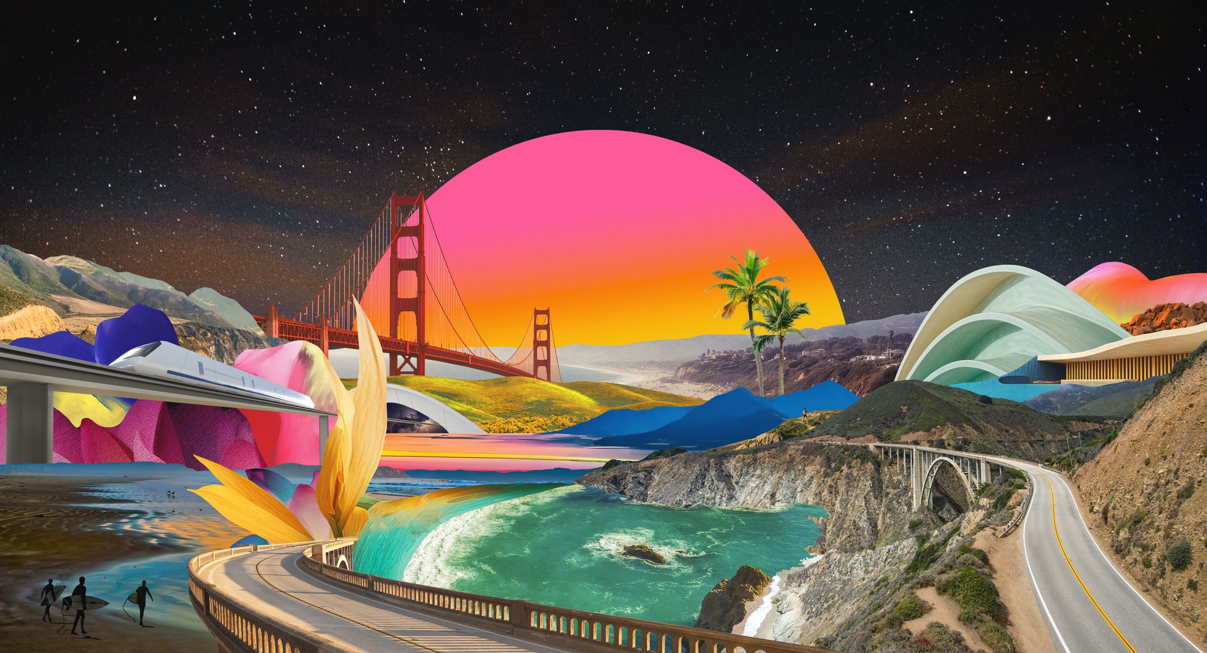 Surfers Nature Outdoors Scenery Art Painting Sea Golden Gate Bridge Monorail Roads Palm Tree and Water