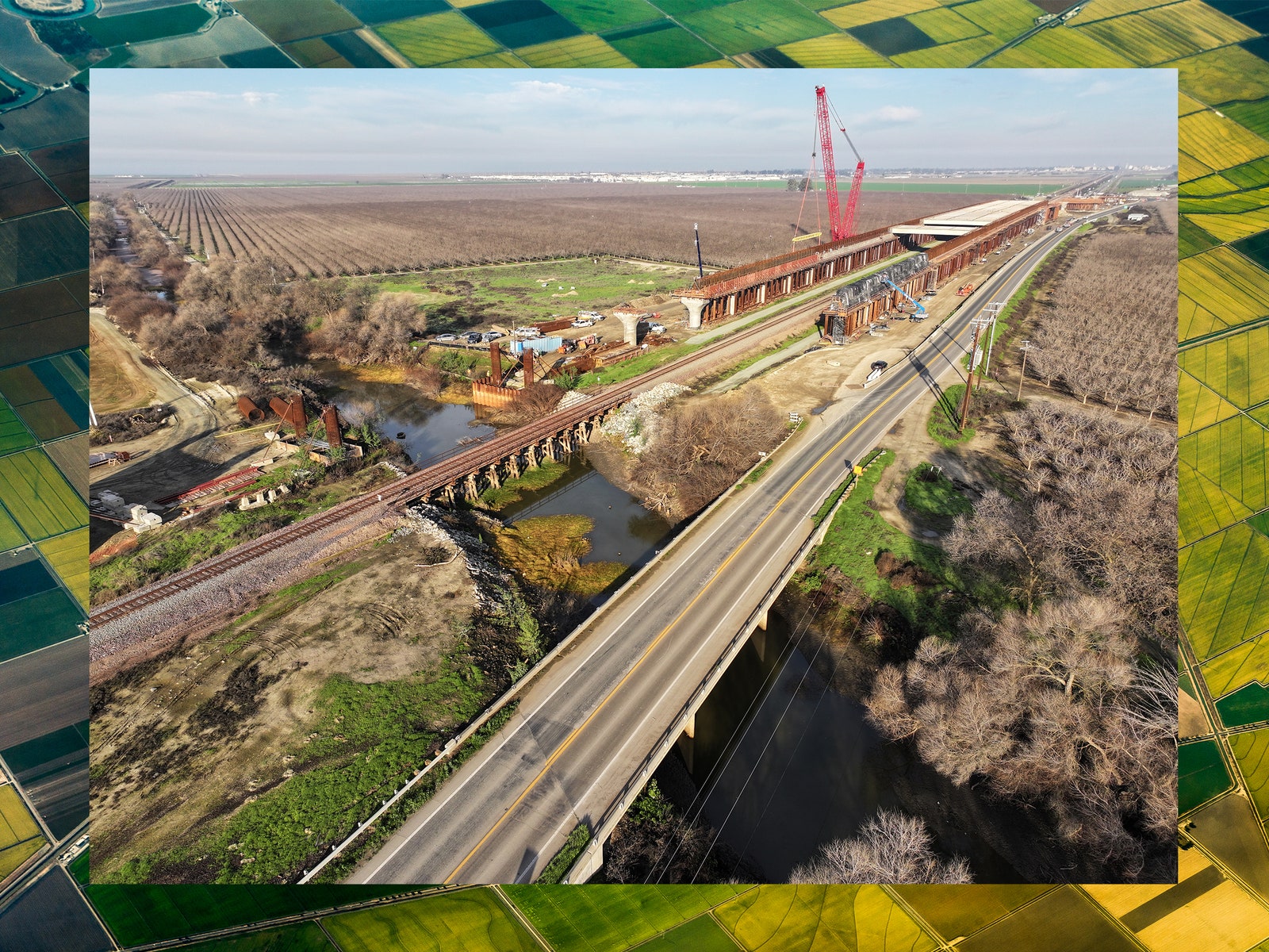 Road Outdoors Aerial View Nature Construction and Construction Crane