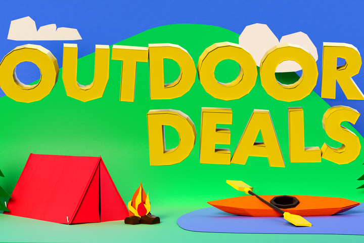 3D paper illustration of a mountain scene with a tent campfire and a lake with a kayak with the text Outdoor Deals