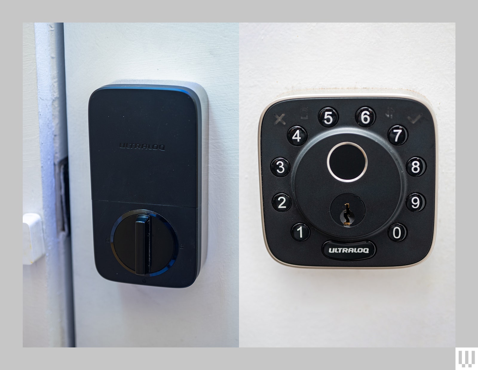 UTec Ultraloq Bolt Fingerprint and UBolt Pro black lock attached to the inside of a residential door and a black keypad...