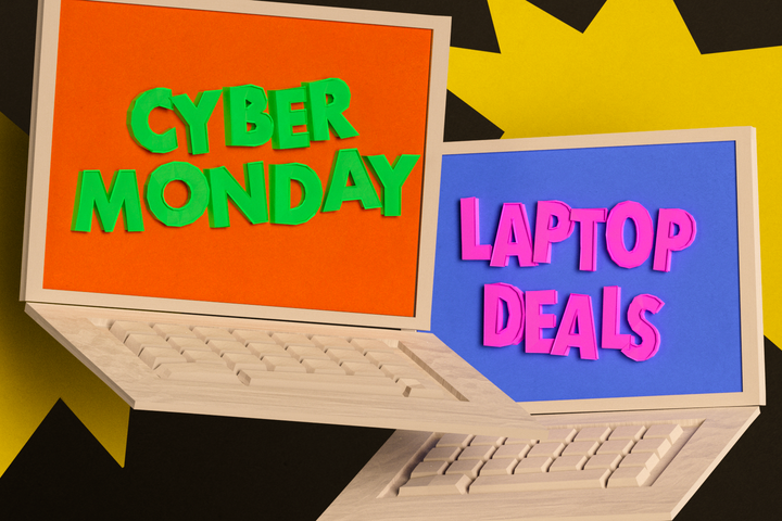 3D paper illustration of laptops and stars with the text Cyber Monday Laptop Deals