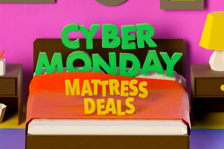 3D paper illustration of a bedroom with the text Cyber Monday Mattress Deals