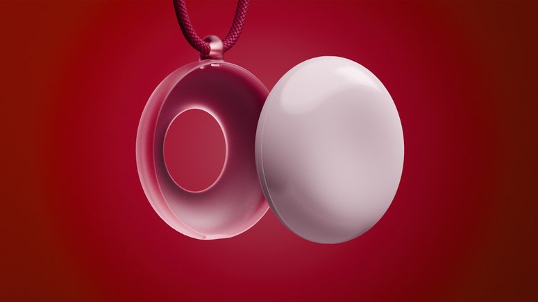 A rendered image of a red Friend AI pendant