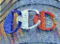 a close up of a painting of the word cd on a building